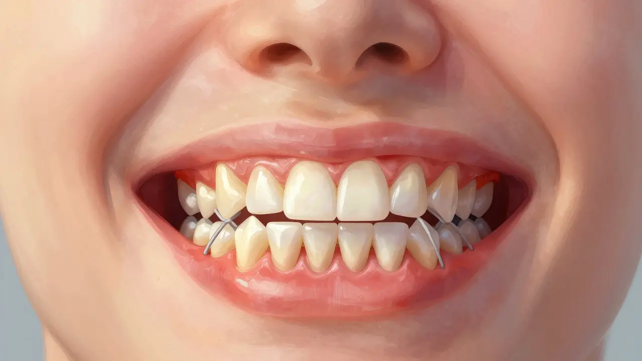 Přehled čelisti s gumičkami pohybujícími zuby a postupně mizícím zánětem.