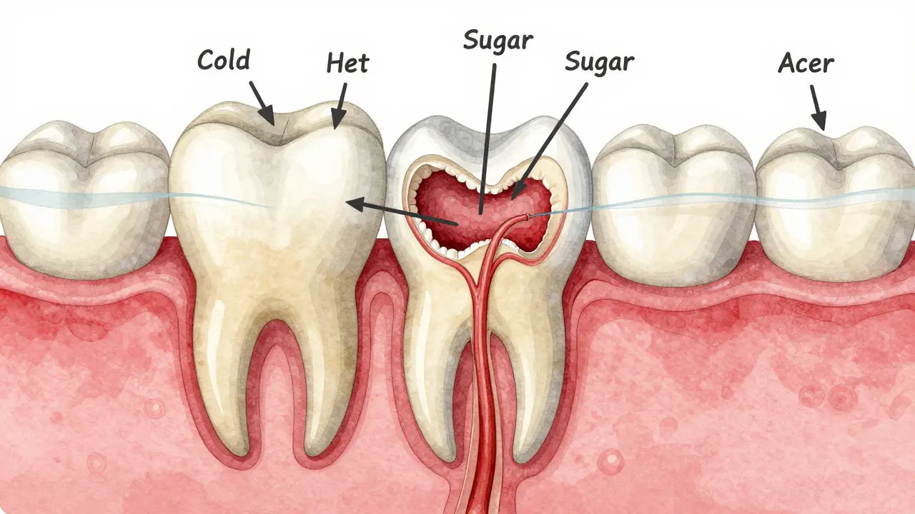 Přehled zubního kmenu s mikroskopickými kanálky, které vede k nervu, a vstupujícími dráždivými látkami.