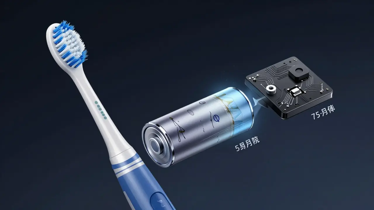 Přehledový nákres vnitřních částí sonického kartáčku: hlavička, baterie a elektronický modul s ukázkou opotřebení.