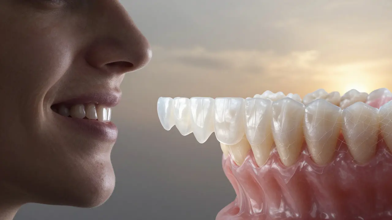 Přeměna úsměvu od mezery přes vložky k ortodontii s jemným světlem.