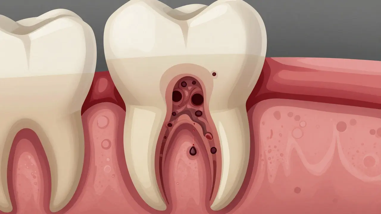 Průřez zubu s mrtvou pulpou, bakteriemi a výtokem hnisu z dásně.