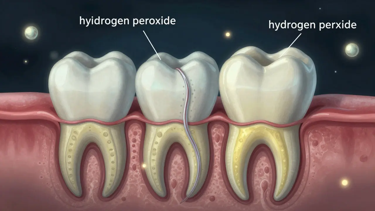 Průřez zubu ukazující poškození skloviny chemikáliemi a odhalení žlutého dentinu.