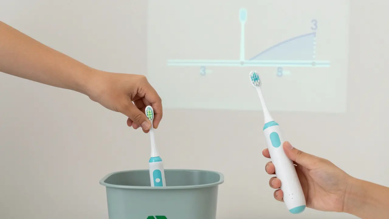 Ruka klade starý sonický kartáček do koše a drží nový — symbol vědomé výměny za zdraví zubů.