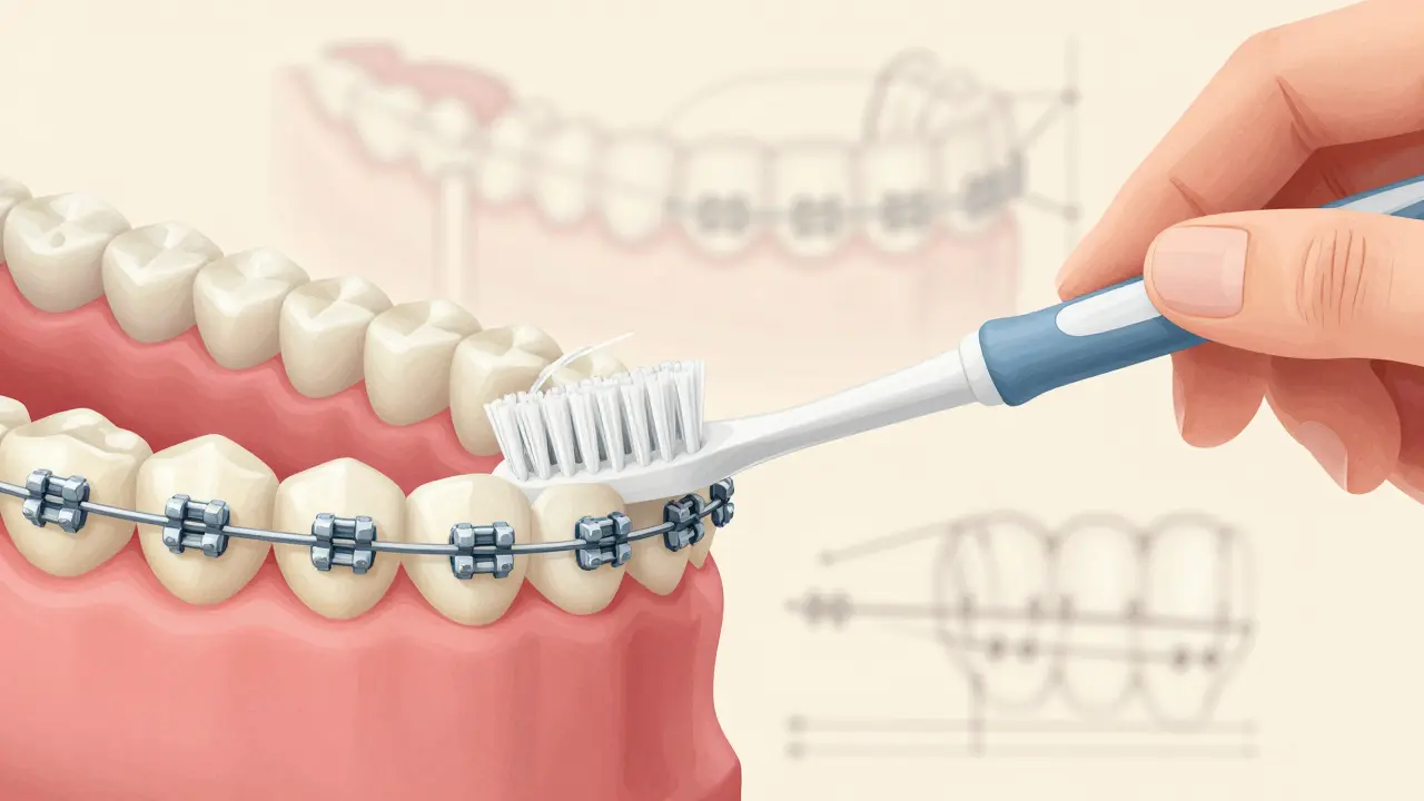 Rukou držený mezizubní kartáček čistí mezery mezi orthodontickými dráty a zuby.
