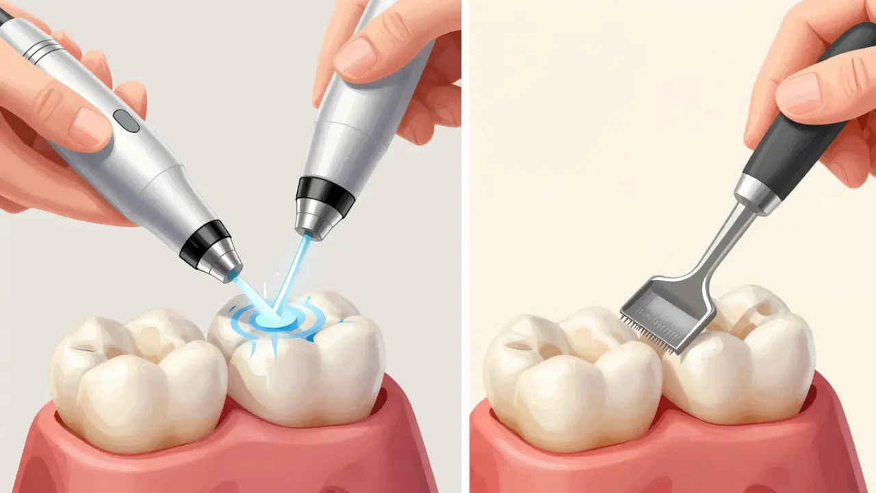 Srovnání ultrazvukového a ručního čištění zubů: jedna strana ukazuje jemné odstranění kamene, druhá hrubé skrábání.