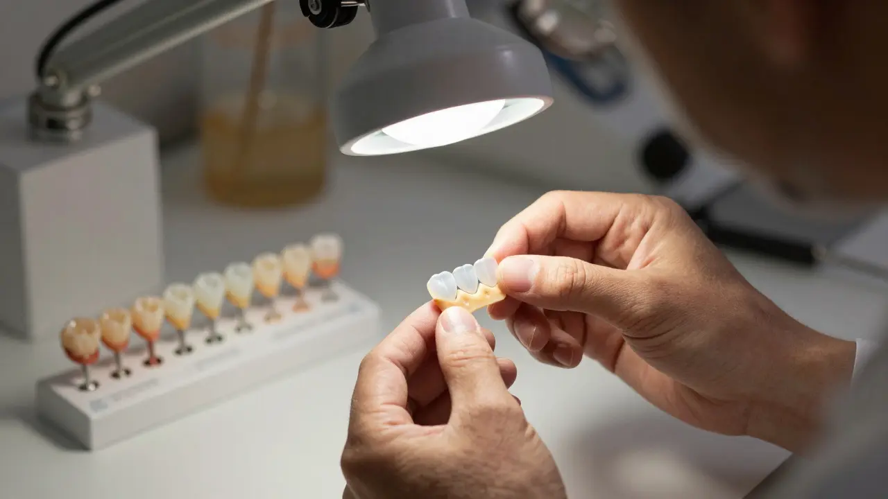 Technik v zubní laboratoři vytváří keramické fazety s přesným odstínem pod magnifikací.