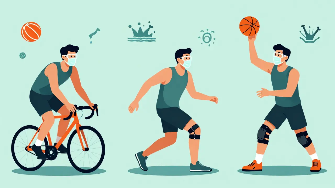 Three athletes with braces using protective masks while cycling, swimming, and playing basketball