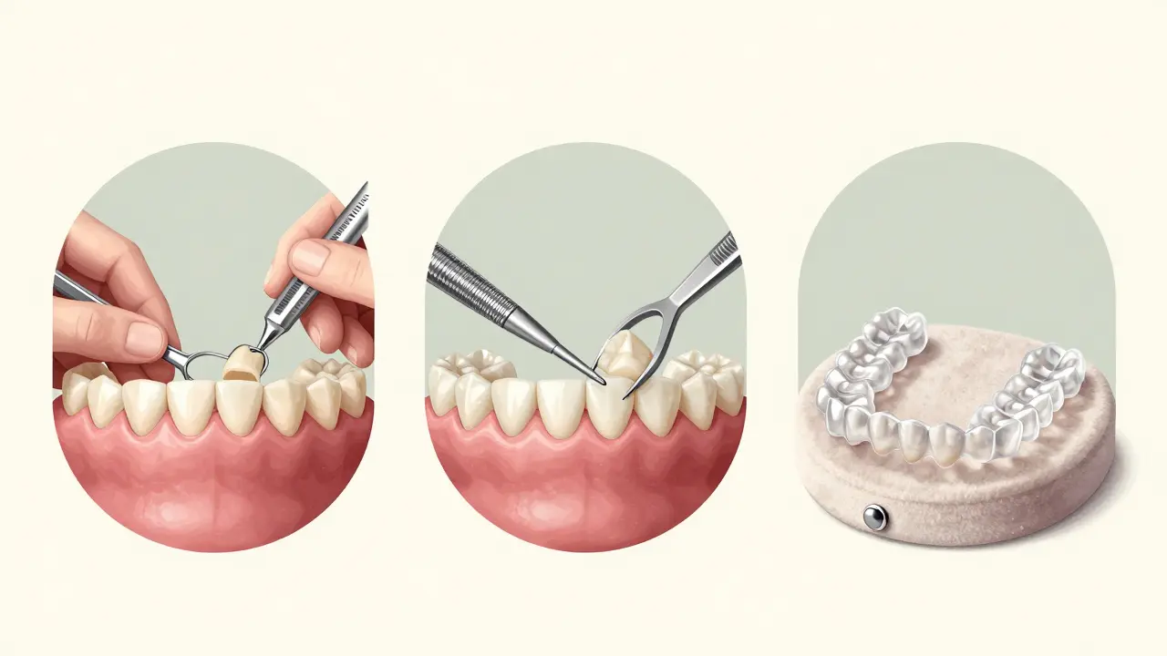 Tři metody léčby mezery mezi zuby: kompozit, vložky a ortodontie v kruhových rámečcích.