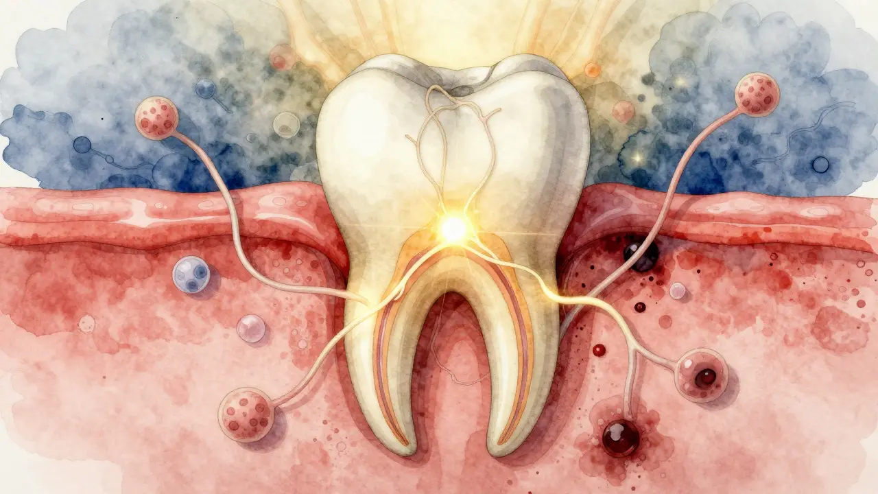 Vodová barva ilustrující nervová vlákna, která se pomalu obnovují v kořeni zubu.