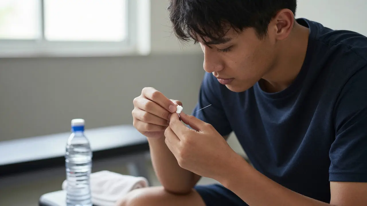 Young athlete applying orthodontic wax to protruding wire on braces