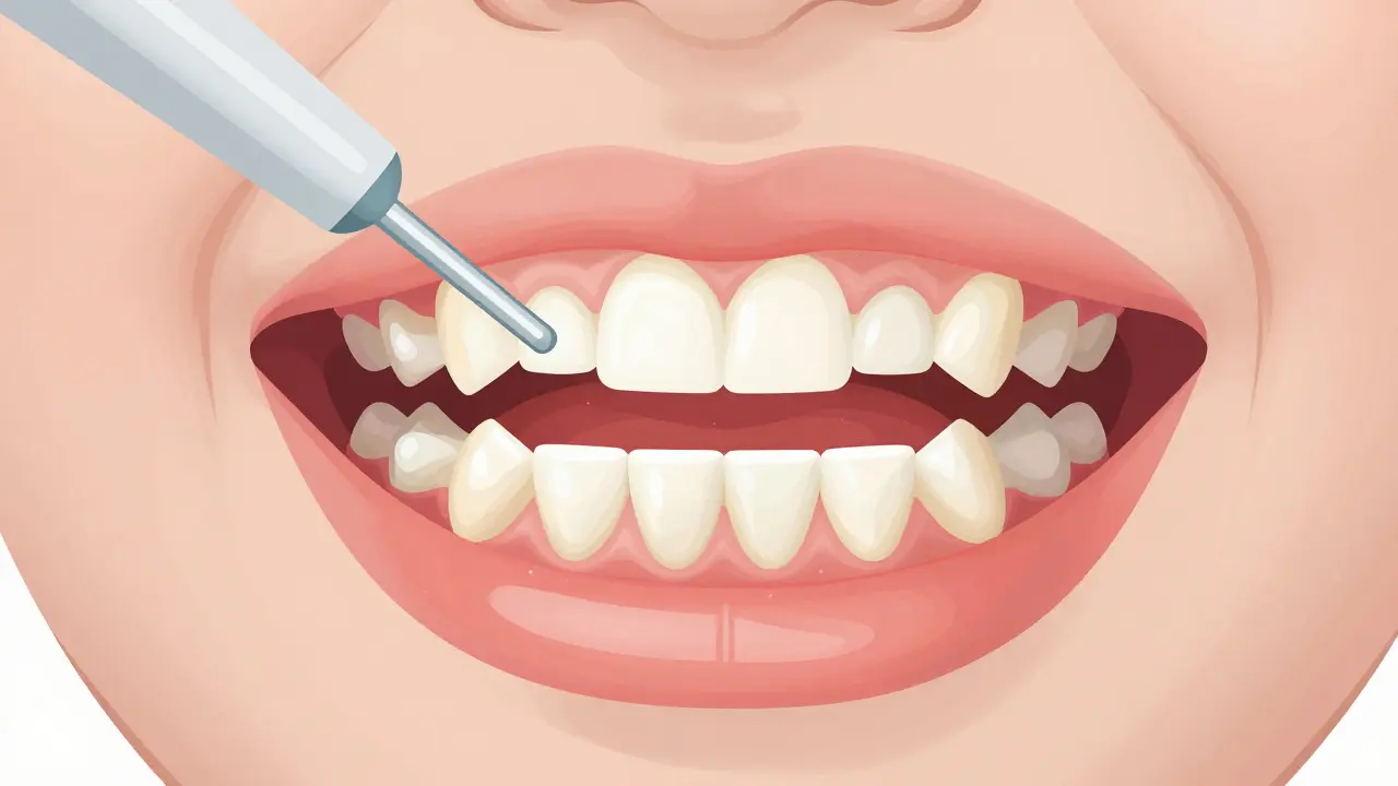 Zvětšený pohled na dětské zuby s plakem přeměněným na zubní kámen a zánětlivými dásněmi.