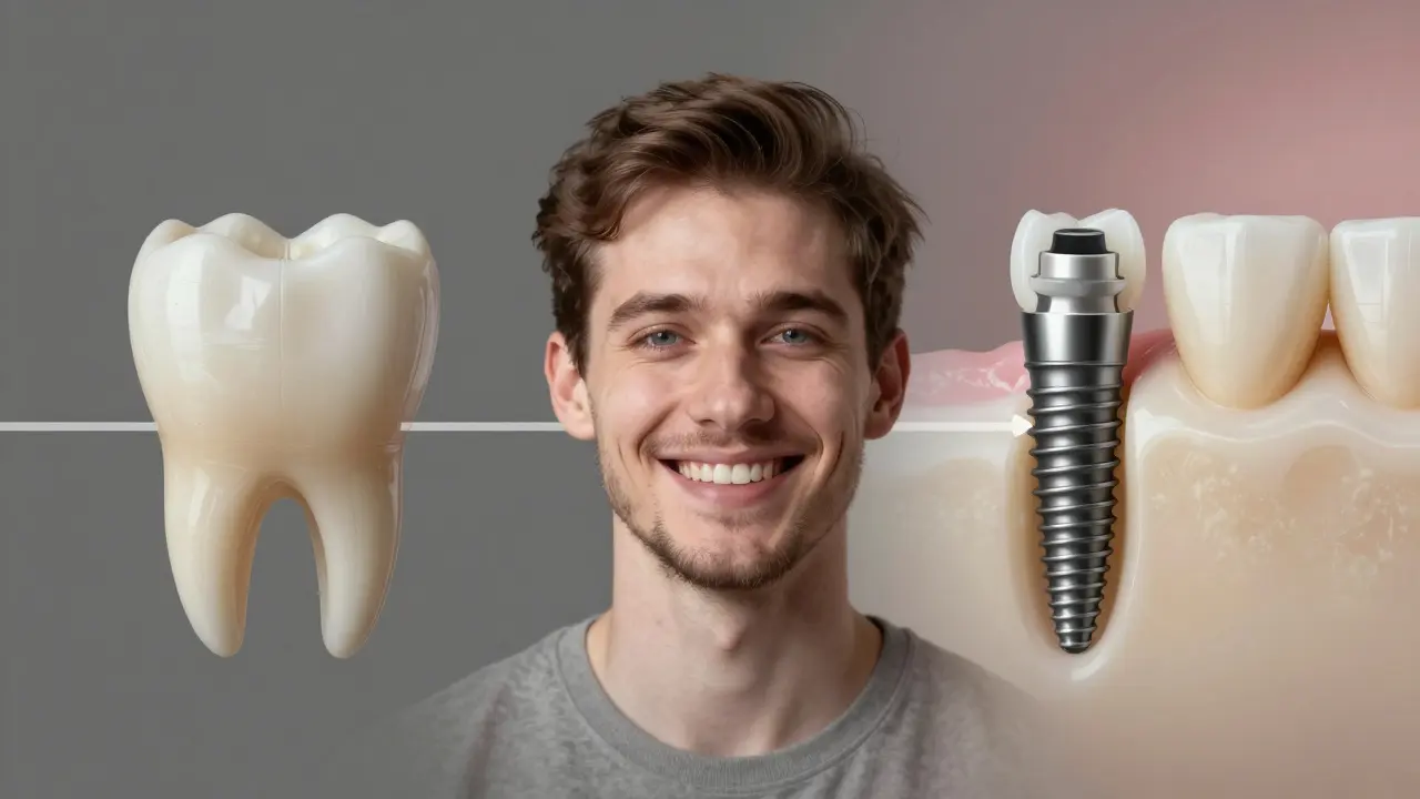 Časová osa: chybějící zub → dočasná náhrada → trvalý implantát s obnovou kosti.