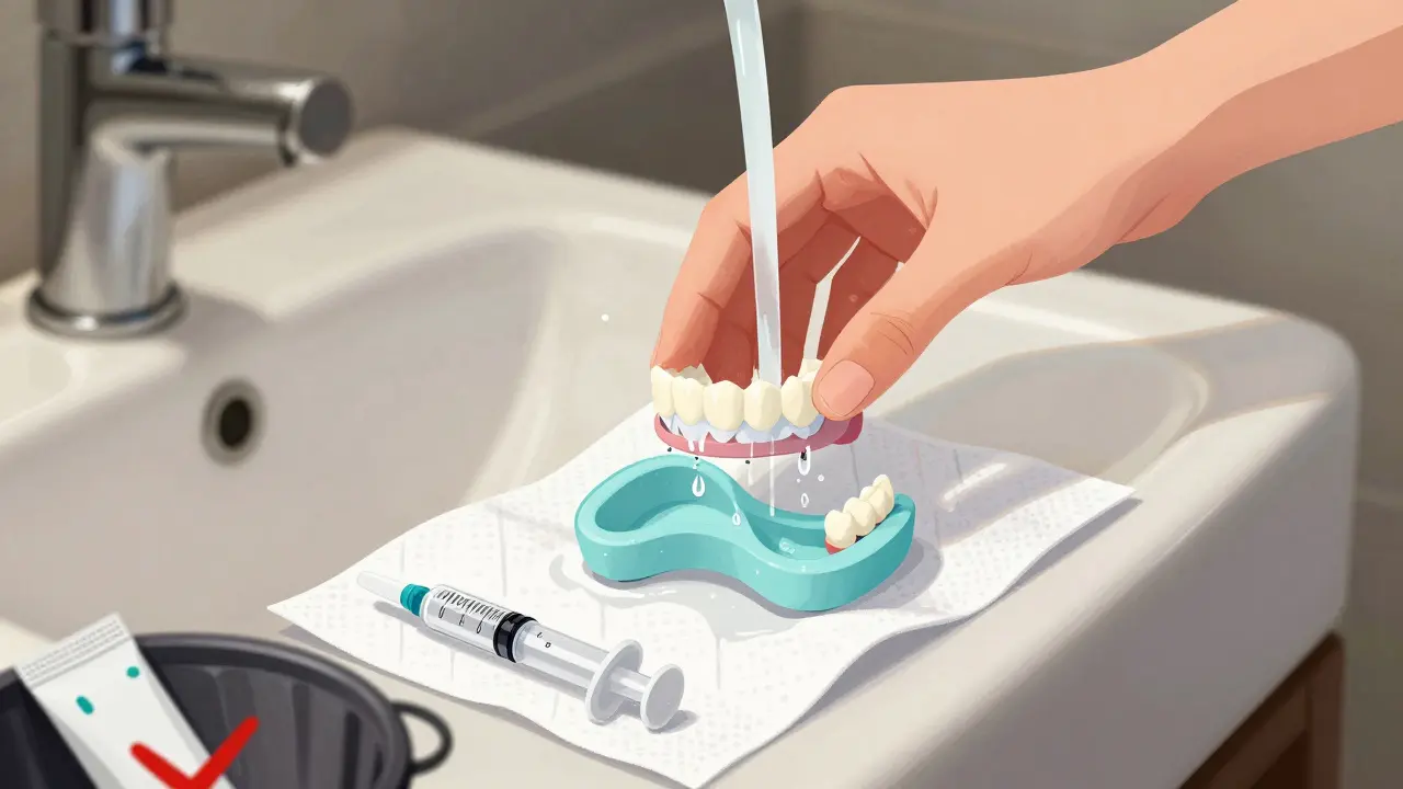 Čistěná forma pro bělení zubů na papírovém ručníku vedle uzavřené kanýlky s gelem.