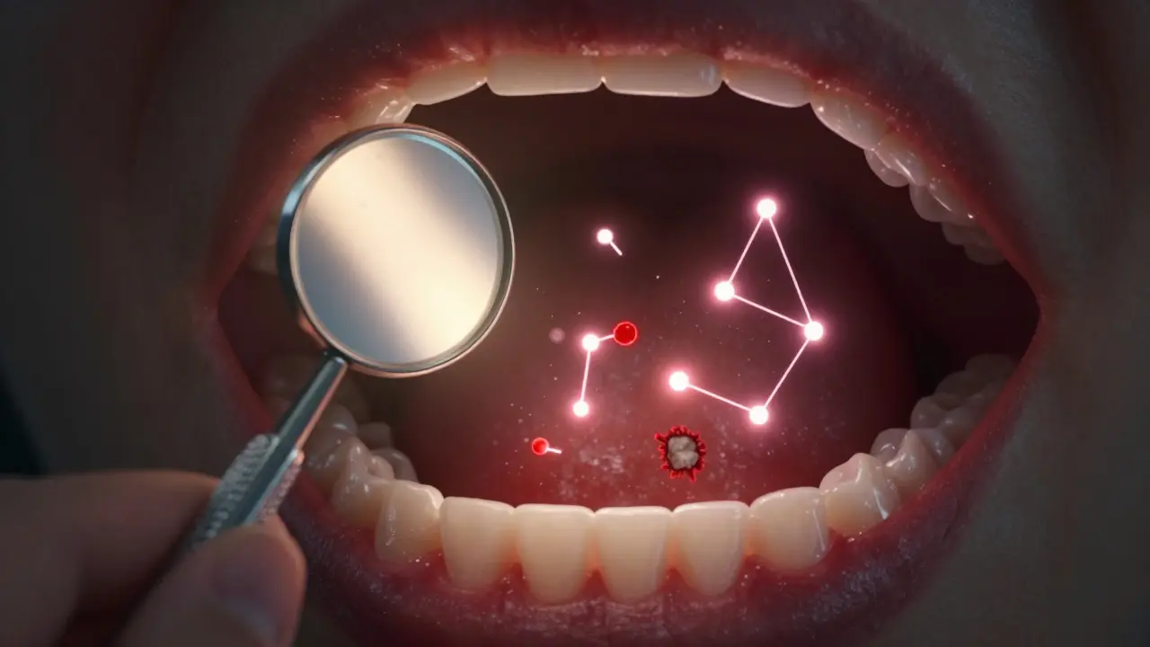 Dentální zrcátko jako symbol detekce skrytých problémů v ústech.