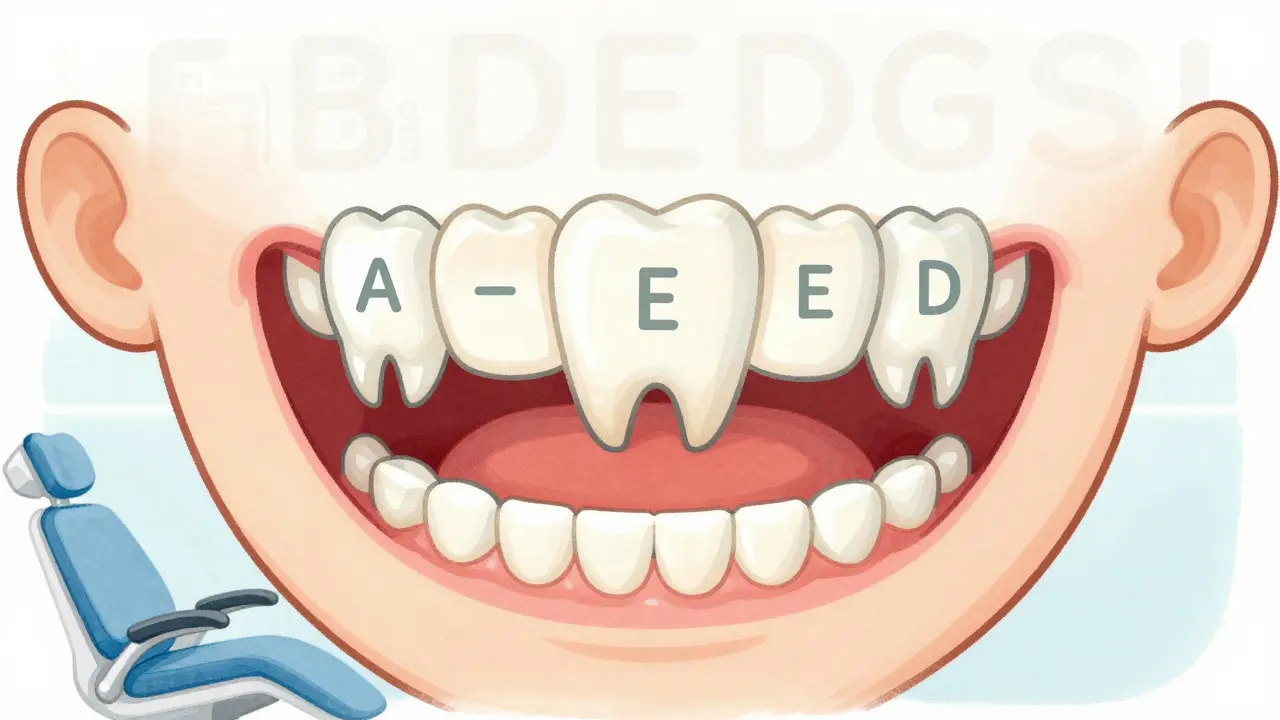 Dítě s označenými mléčnými zuby písmeny A až E v horní pravé části úst.