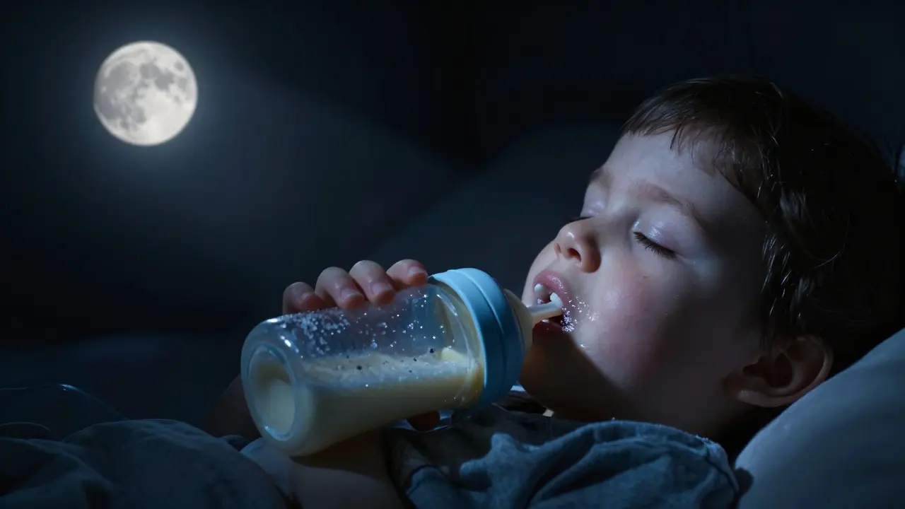 Dítě spí s láhví v ústech, cukr zůstává na zubech celou noc.