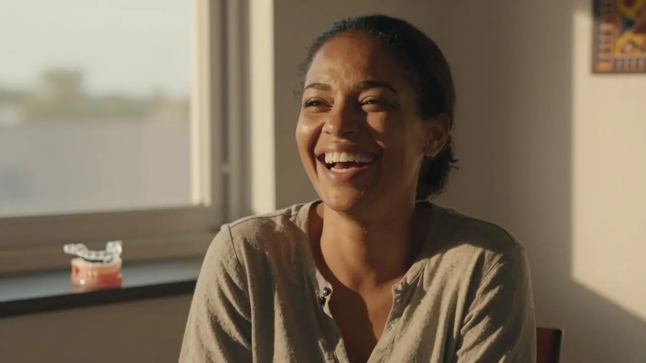 Dospělá žena se smíchem a diastémou, zářící v zlatém světle.