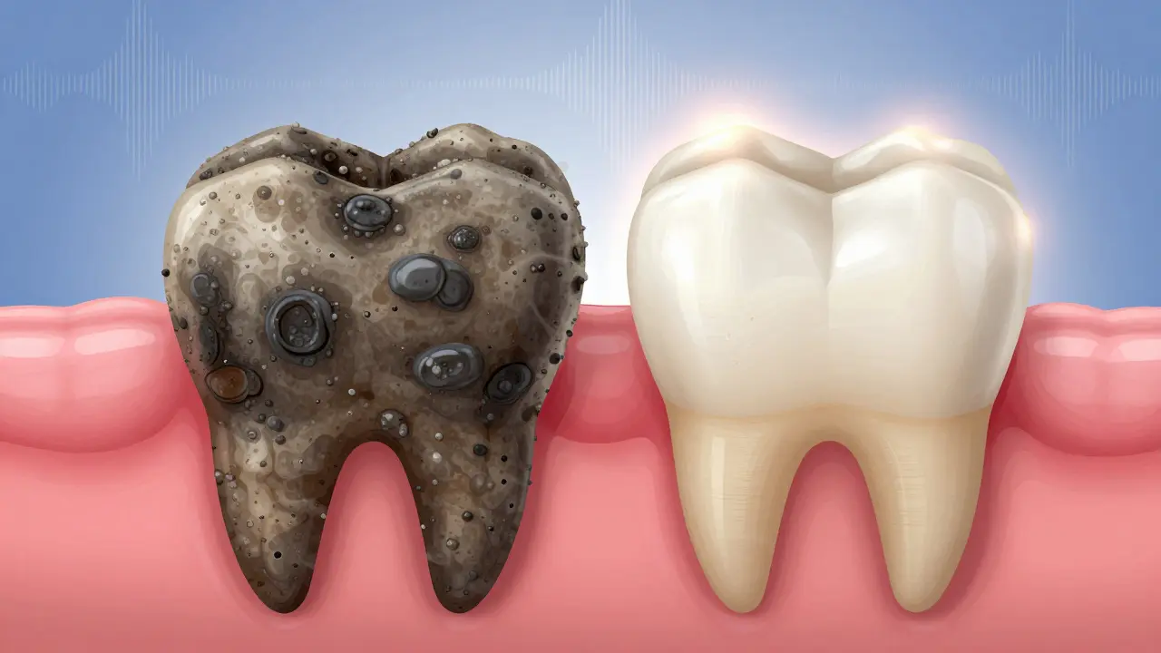 Dva zuby vedle sebe: jeden s hrubým zubním kamenem a zánětem, druhý čistý s ultrazvukovými vlnami odstraňujícími plak.