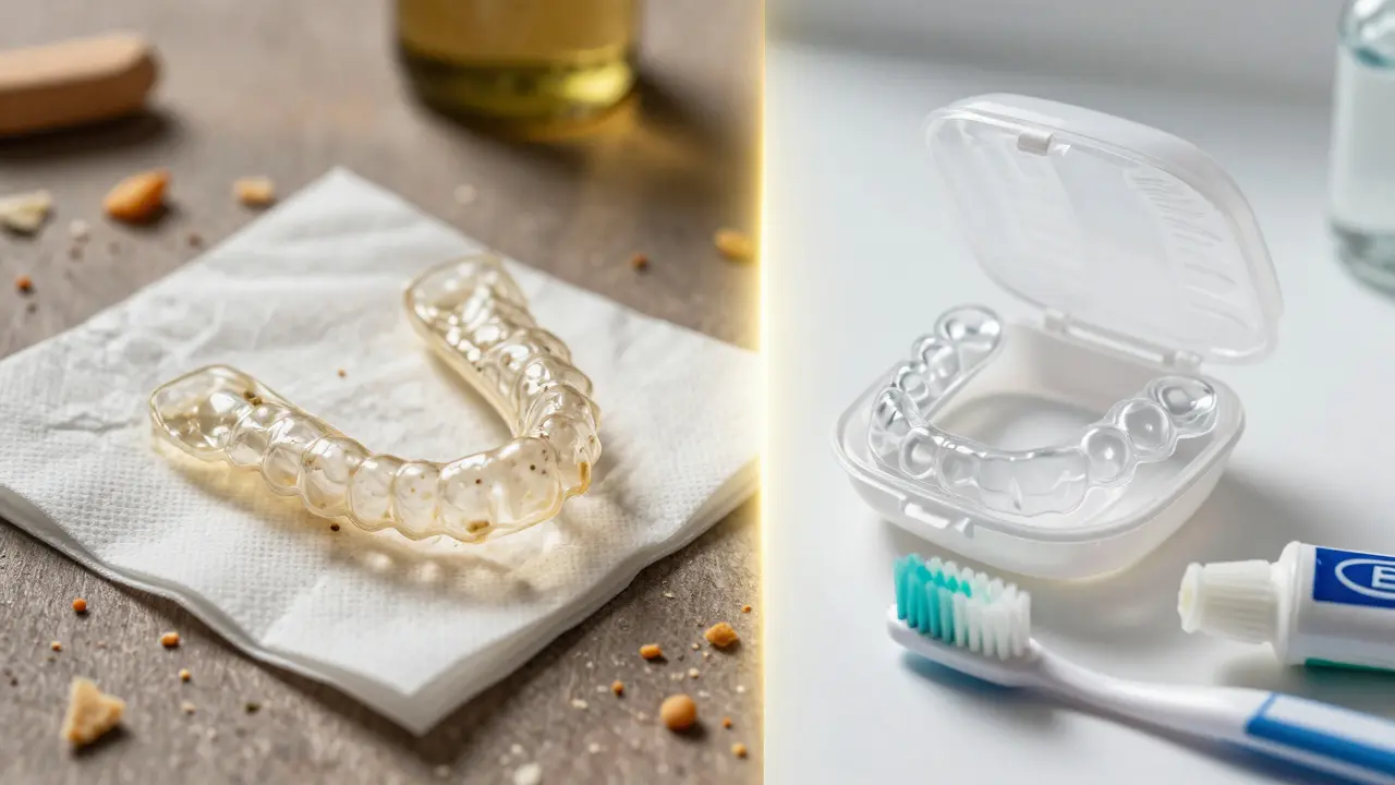 Kontrast mezi špinavým a čistým neviditelným rovnátkem na různých površích.