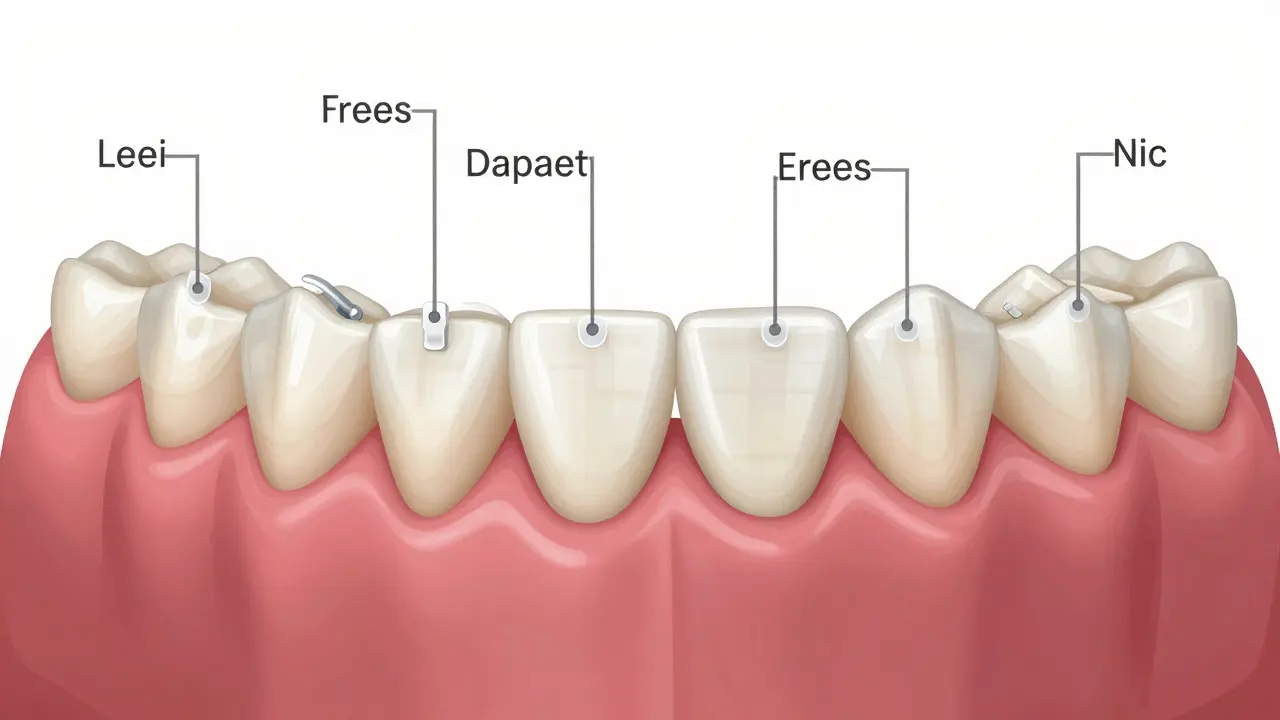 Křížový řez čelisti s dočasným zubem připevněným k sousedním zubům malými klíčky.