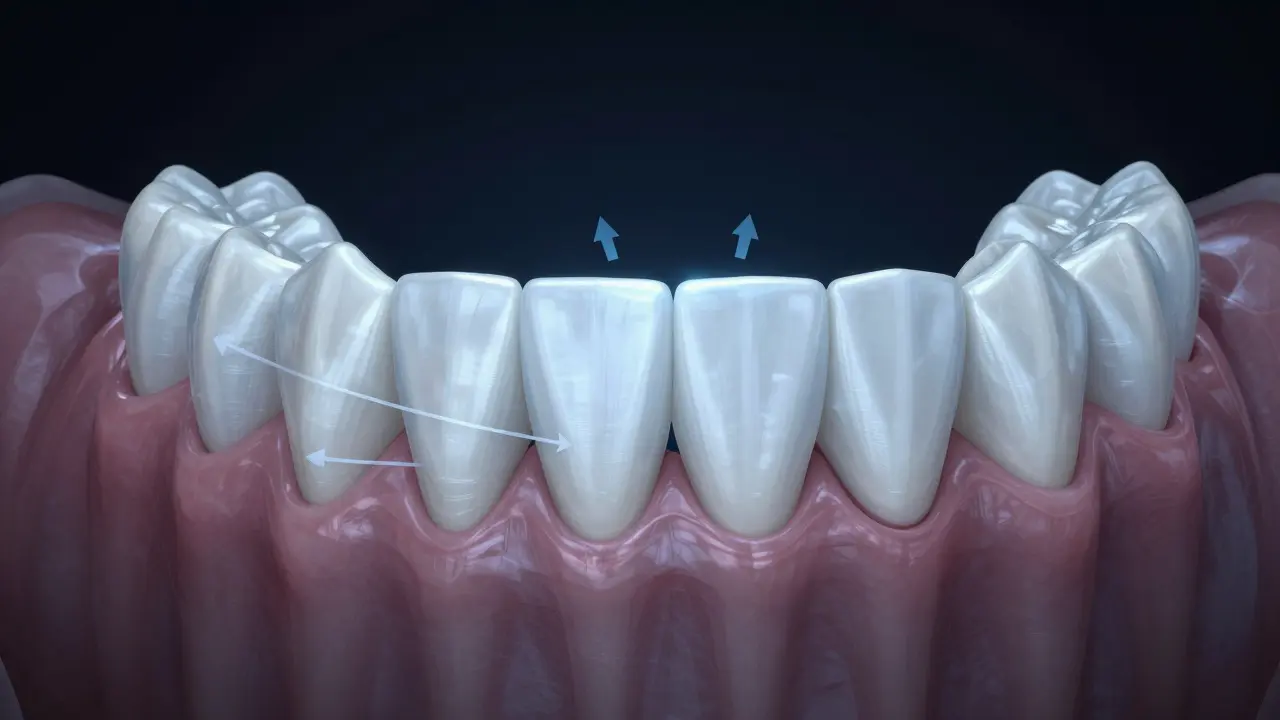 Křížový řez čelistí ukazující příčiny diastémy: frenulum, posun zubů a ztrátu kosti.