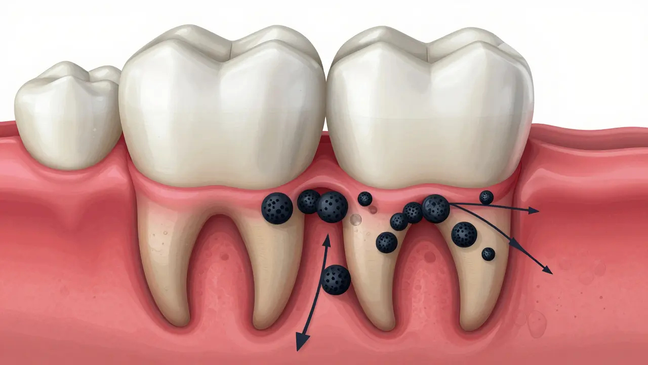 Křížový řez zubu a dásně s černým kamenem pod dásní a bakteriální kolonií, zvýrazněným zánětem.