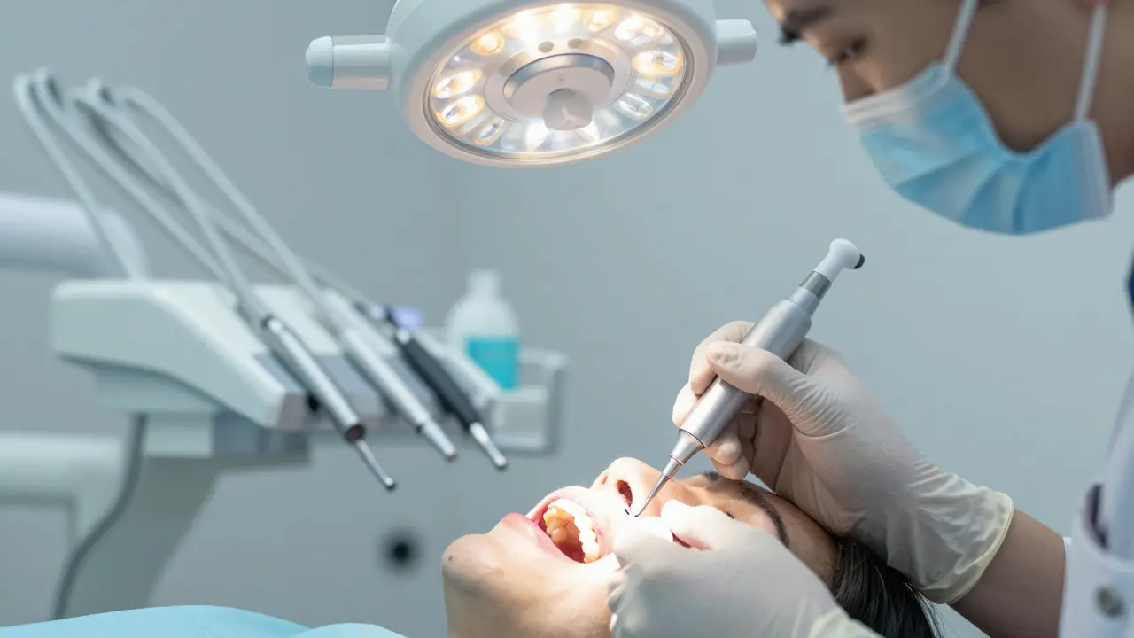 Lékař aplikuje pryskyřici na postižená místa zubů