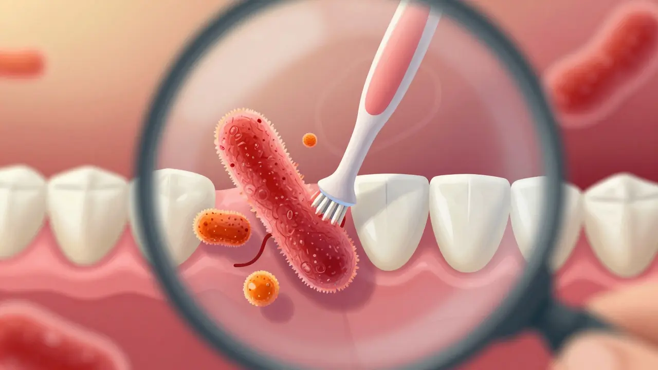 Mikroskopický pohled na odstranění plaku mezizubním kartáčkem.