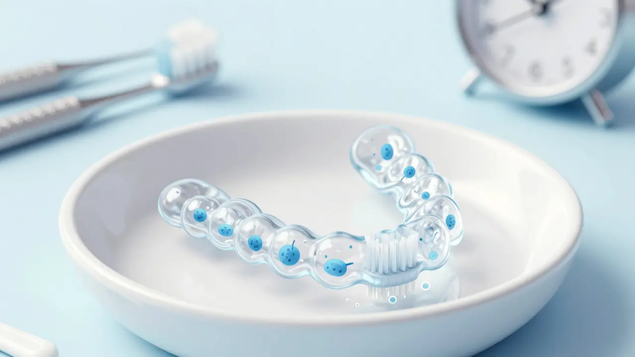 Neviditelné rovnátko na čistém talířku s viditelnými bakteriemi odstraňovanými kartáčkem.