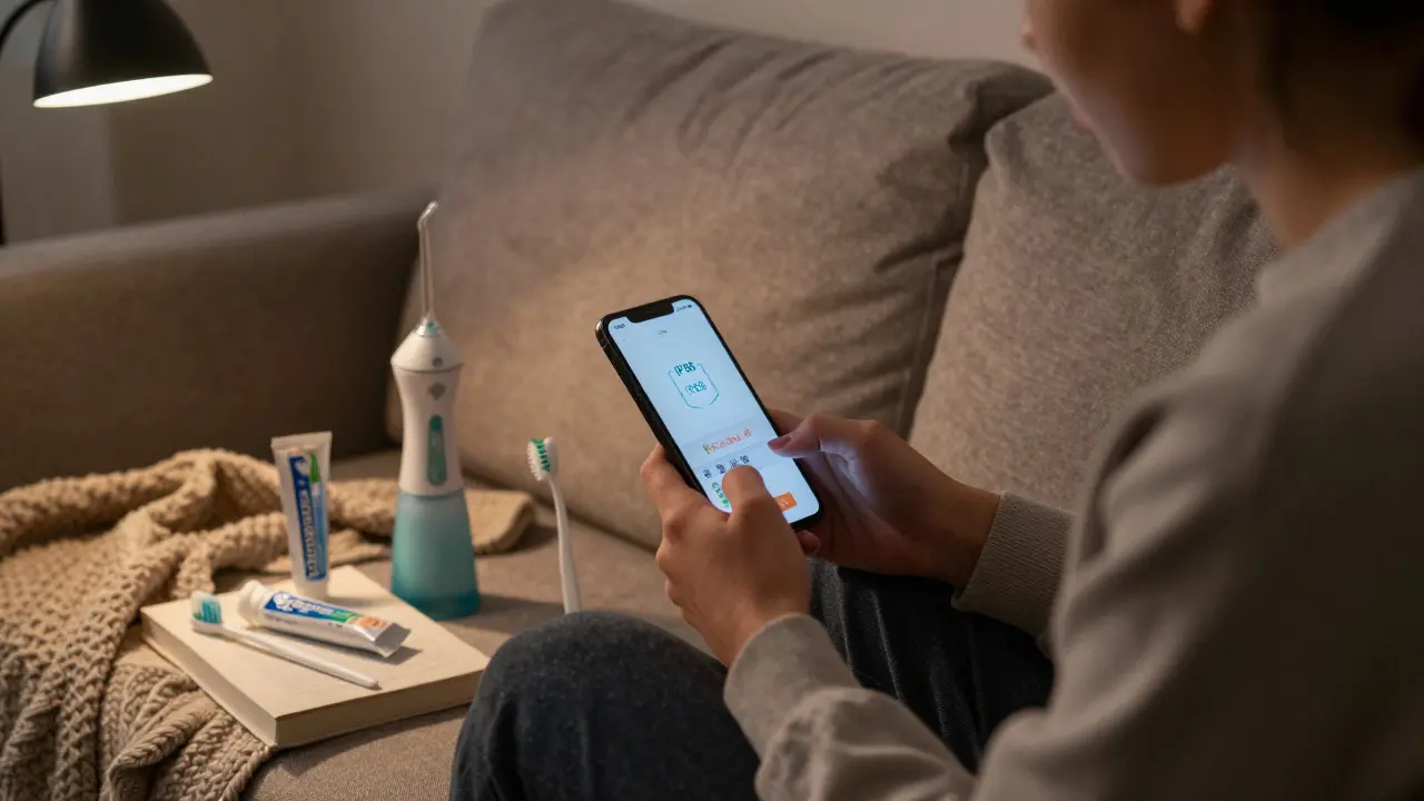 Osoba doma používá ortodontické péčové výrobky a drží odolný telefon, v pozadí kniha a deka.