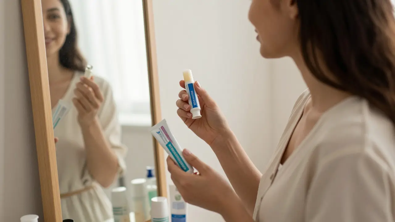 Osoba před zrcadlem drží balzám na rty a zubní pastu s bílícím účinkem.