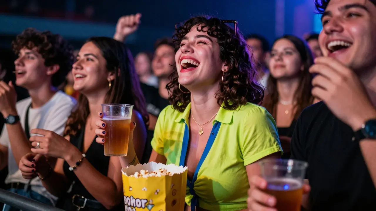 Osoba se směje na koncertu s přáteli, drží popcorn a nápoj, otevřený krk na oblečení.