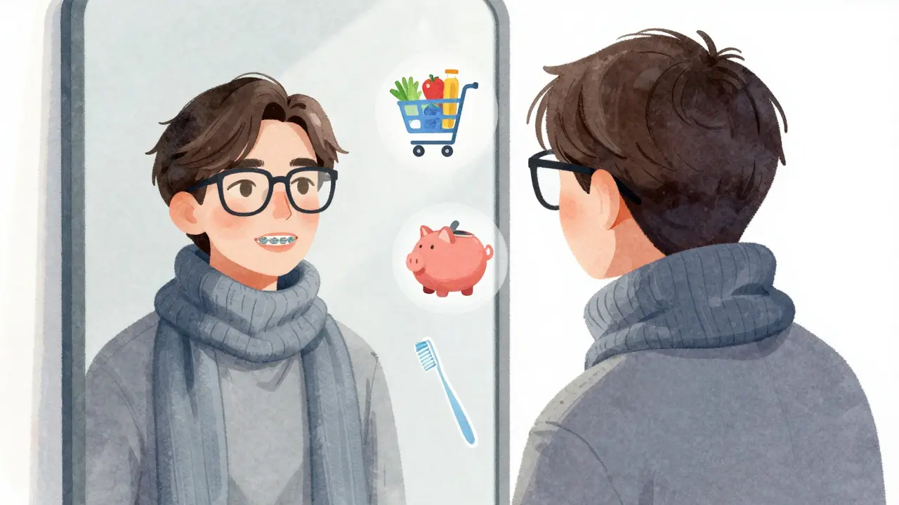 Osoba v šálu a brýlích se dívá do zrcadla, kolem ní symboly změněných návyků.