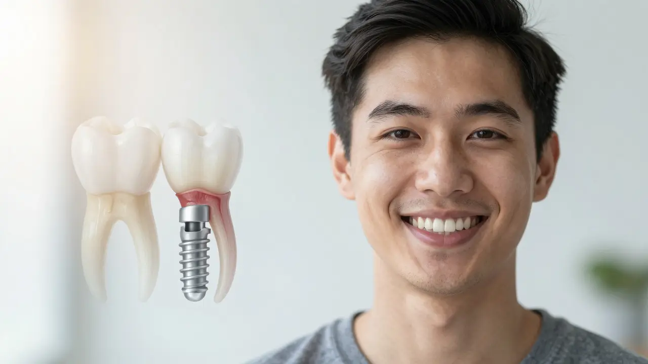 Patient smiling with restored teeth, overlaid with transparent view of jawbone healing and implant integration.
