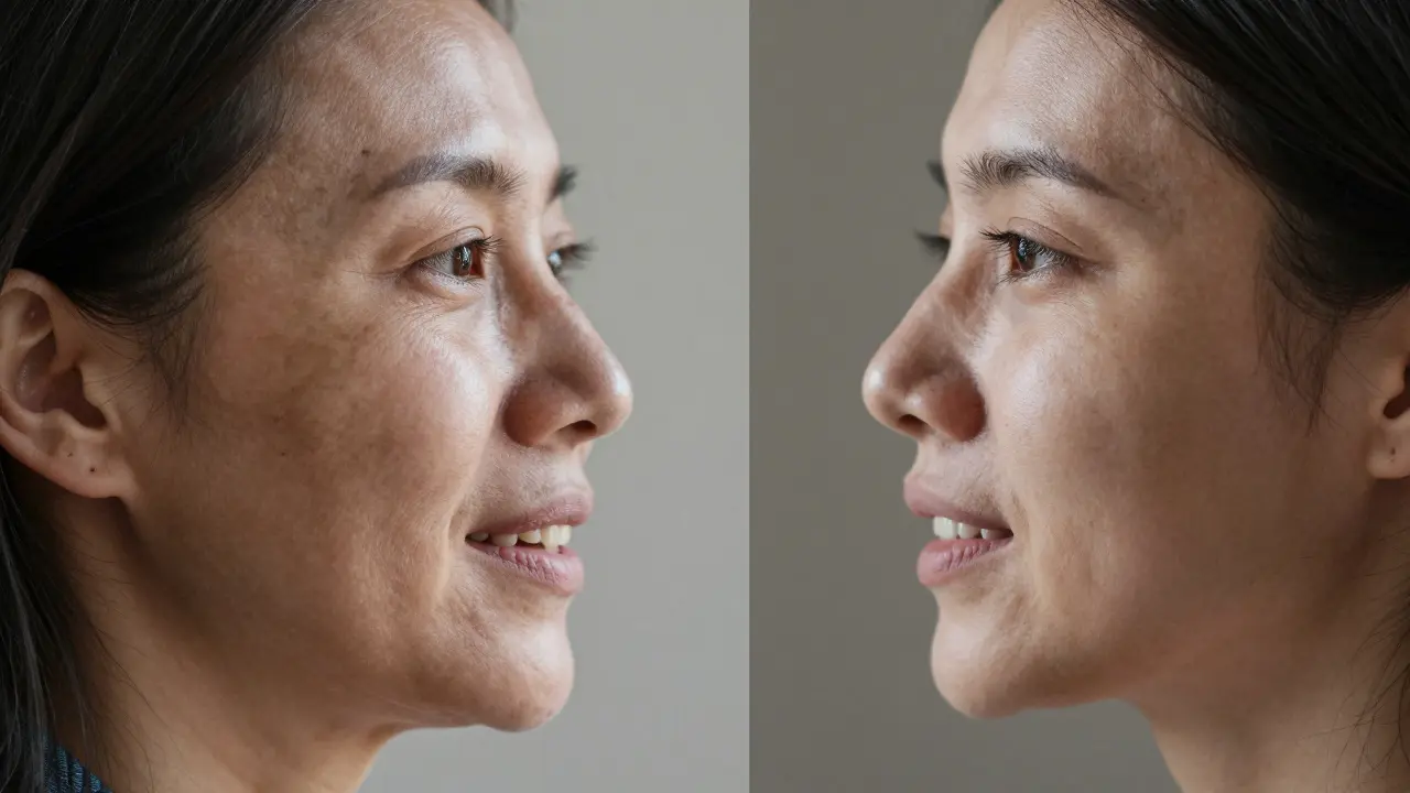 Porovnání tváře s a bez zubních implantátů: jedna se zhroutenou čelistí, druhá s přirozeným obrysem.