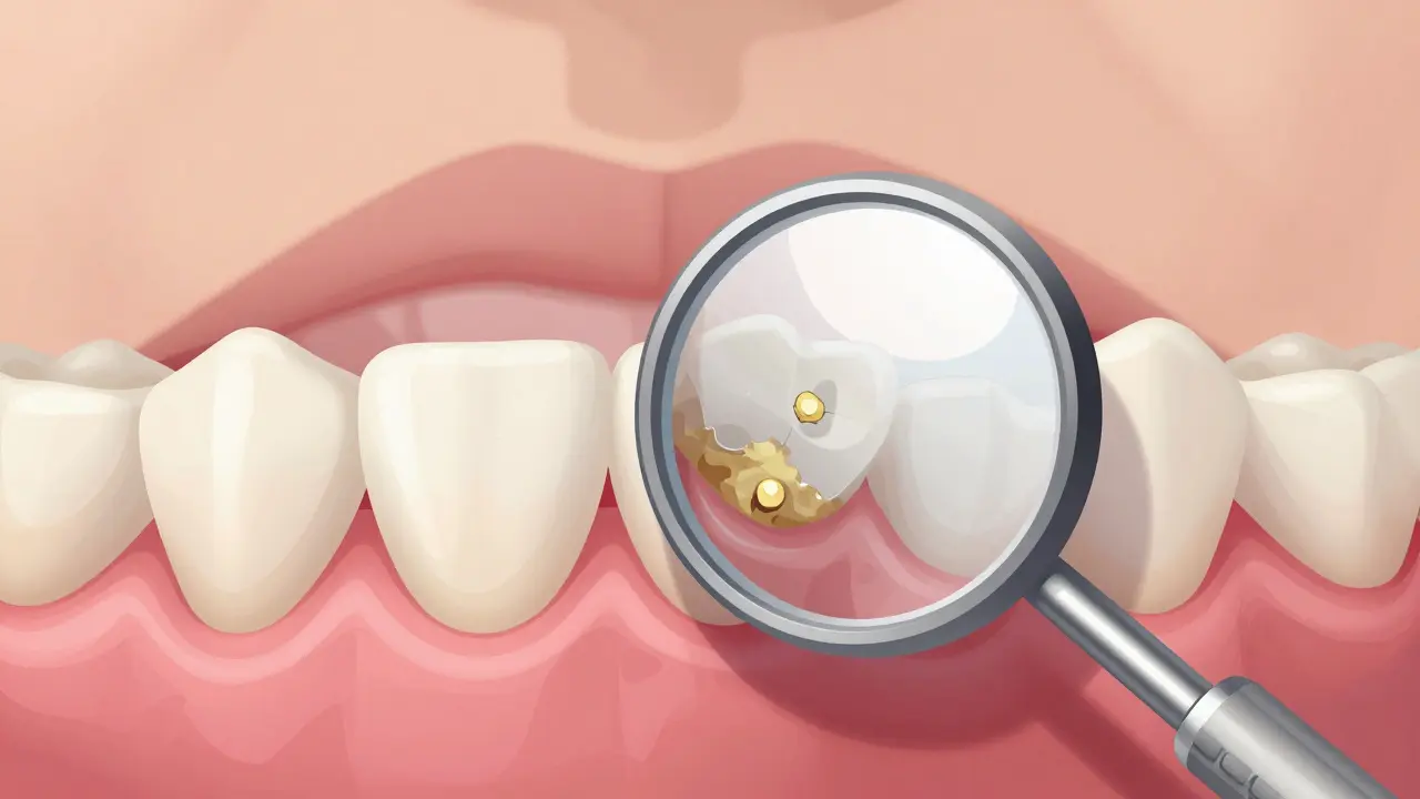 Přiblížený pohled na zrcátko odhalující zubní kámen a zánět dásní.