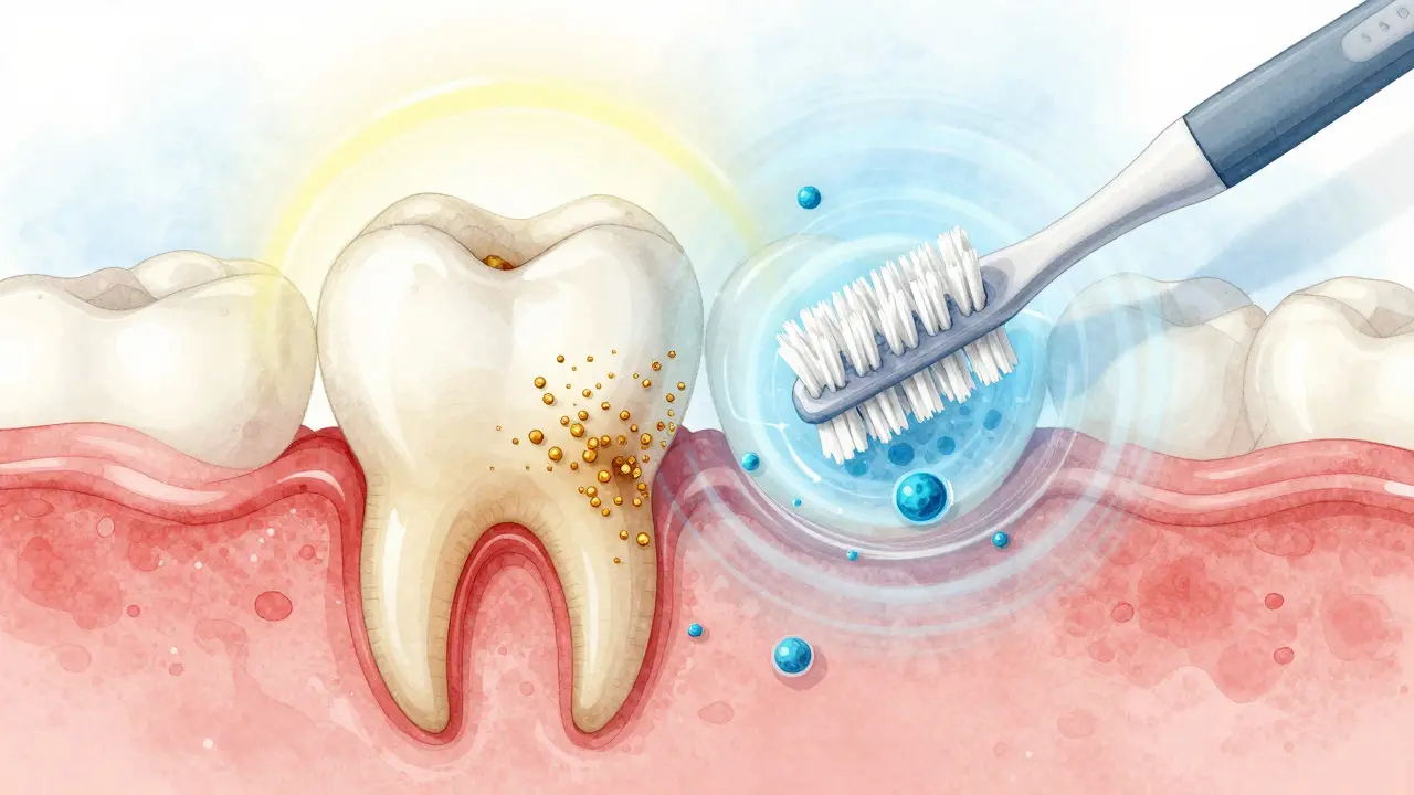 Příčný řez zubu, kde fluorid obnovuje sklovinku, zatímco ultrazvukové vlny ničí plak.