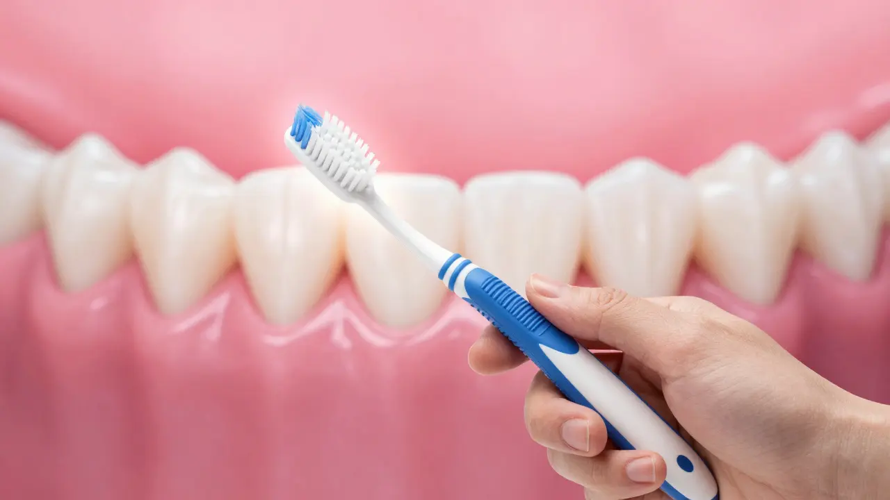 Ruka drží kartáček pod úhlem 45 stupňů, symbolizující správné čištění pro recesované dásně.