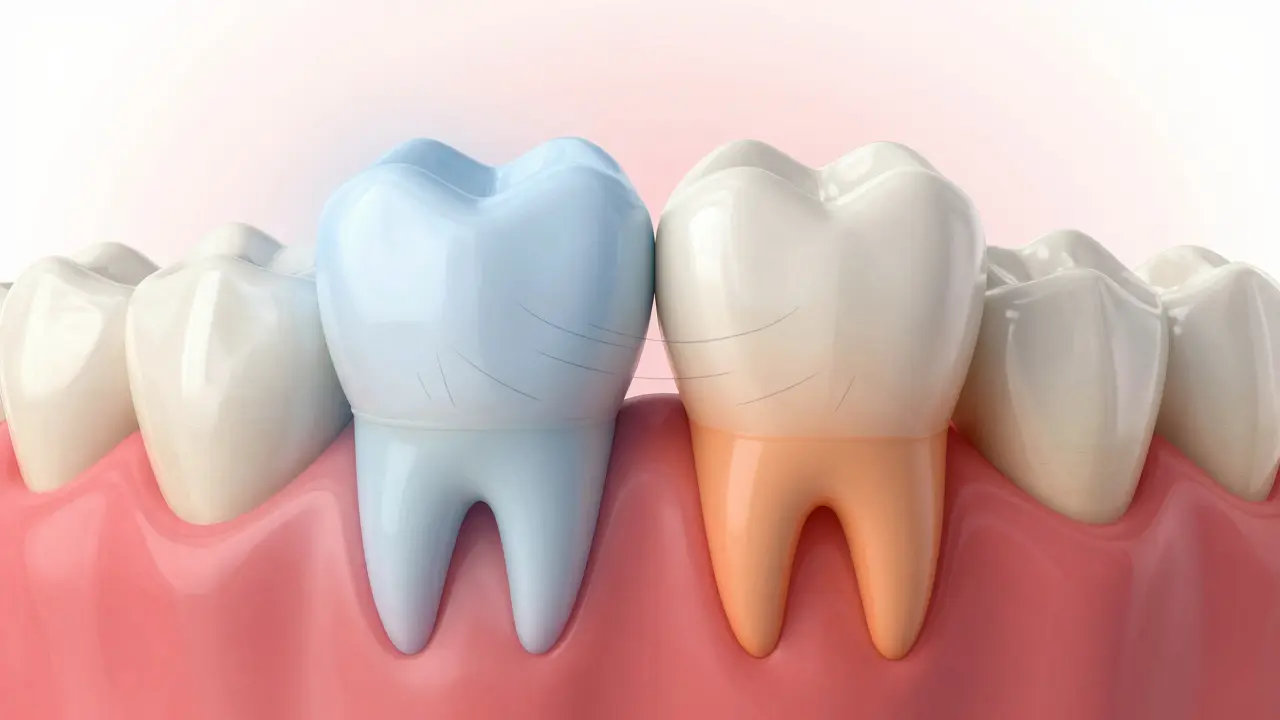 Srovnání přirozeného zubu a korunky s vlivem tlaku na čelist.