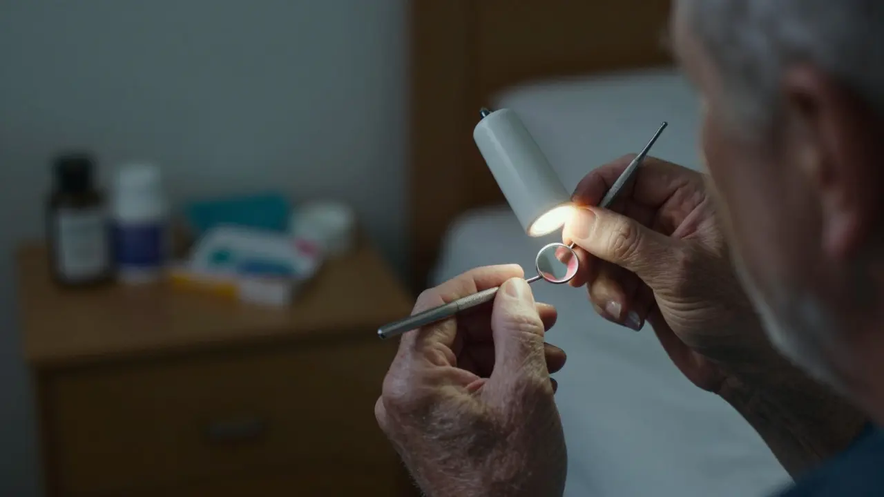 Starší osoba používá LED zrcátko k prohlídce dásní s jemným zčervenáním.