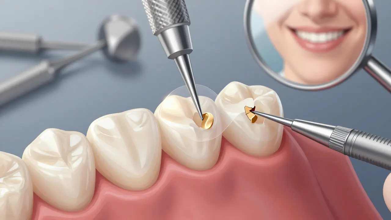 Tenká keramická fazeta přilepená na zub, imitující přirozenou emal