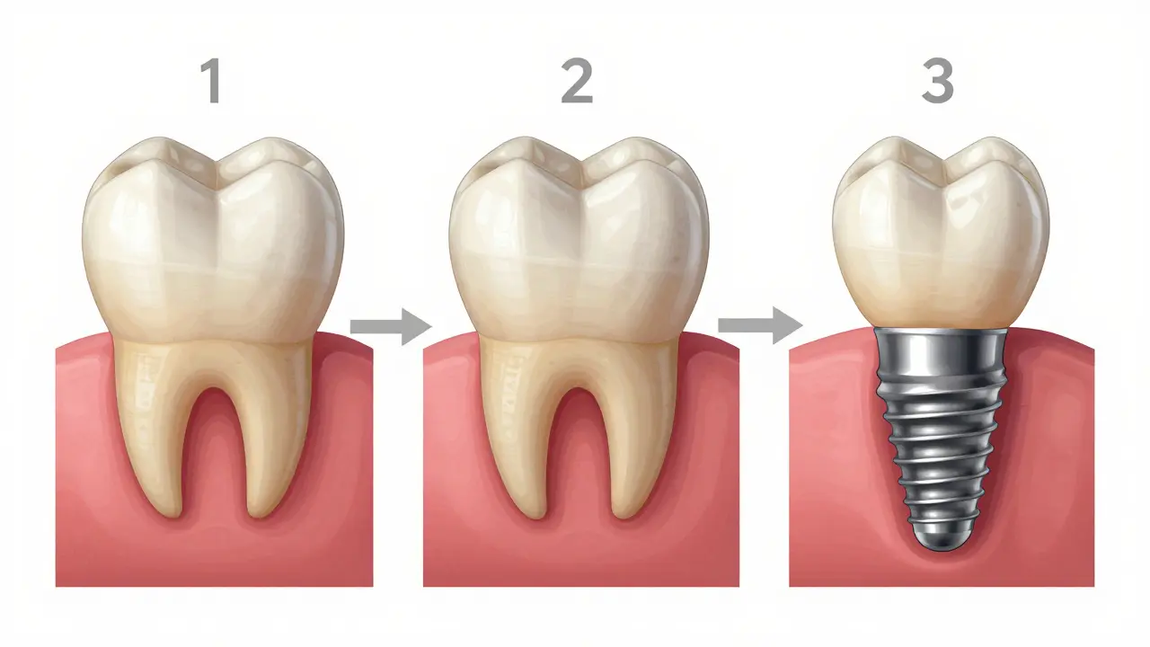 Three-panel visual timeline showing tooth loss, bone regeneration, and dental implant integration.