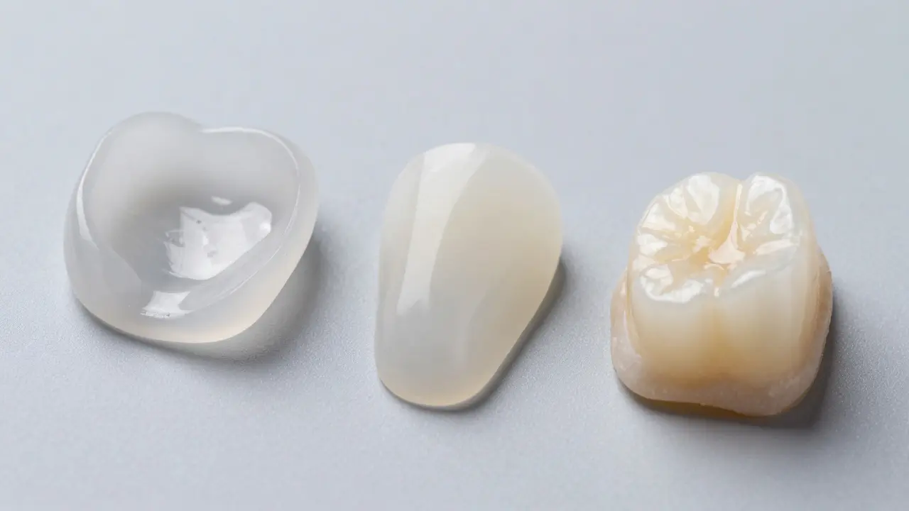 Vzorky různých materiálů pro zubní protézy.