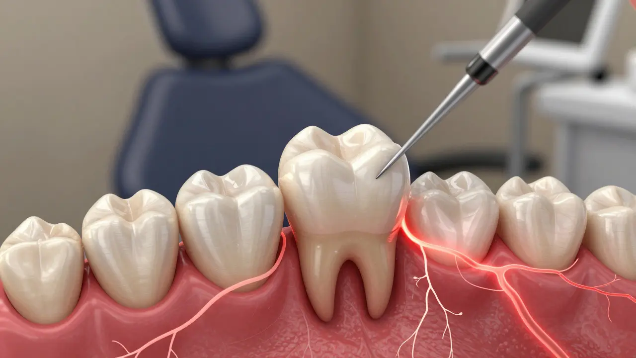 Zub s korunkou a okolní tkáně s jemně zářivými nervy a zánětem.