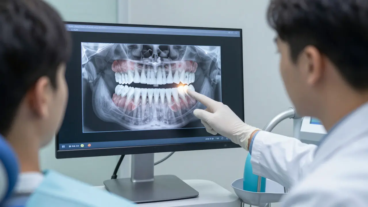 Zubní lékař ukazuje na digitální 3D model zubu č. 36 u pacienta.