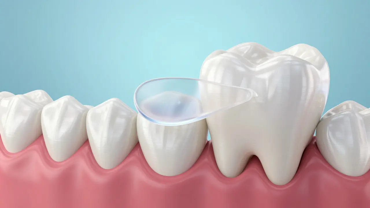 3D model keramické fasety připravené k aplikaci na zub pro maskování křivosti.