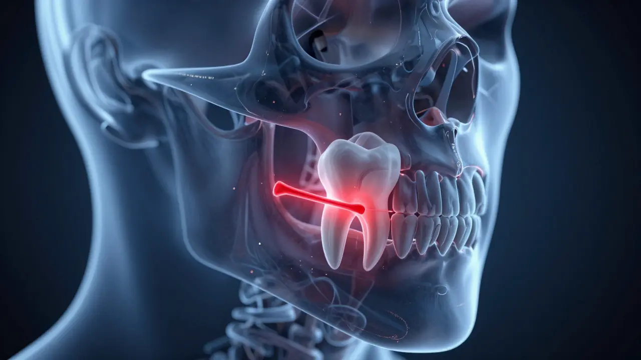 3D vizualizace šikmo vrůstajícího zubu moudrosti vyvolávajícího tlak a bolest.