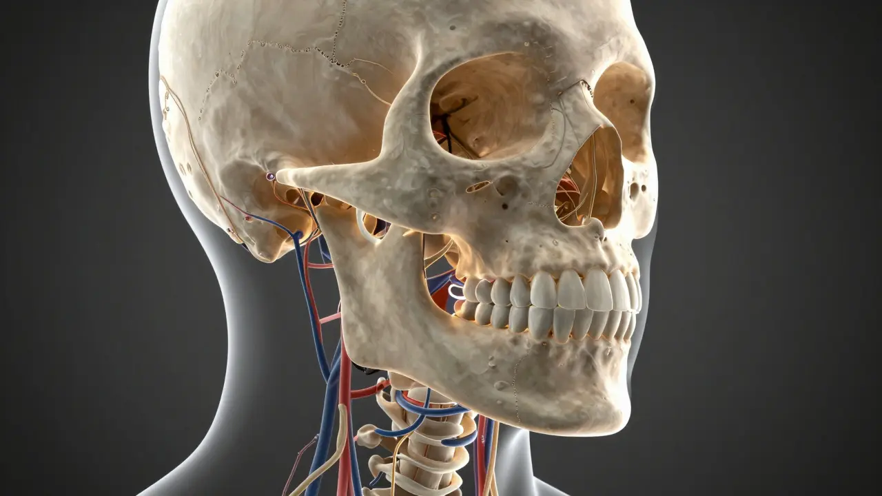 Anatomický 3D model lidské lebky s vyznačenou oblastí čelistí a nervů.