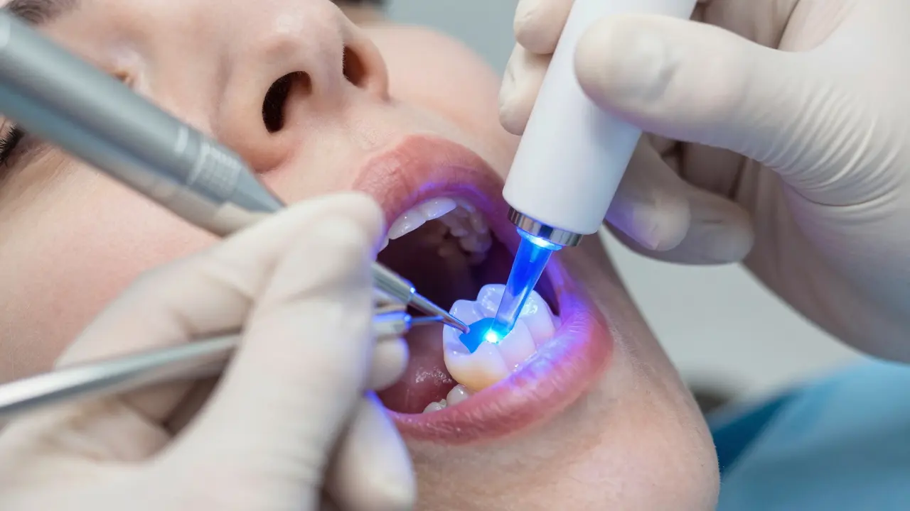 Dentista používají modré světlo k ztvrdnutí kompozitního materiálu na zubu.
