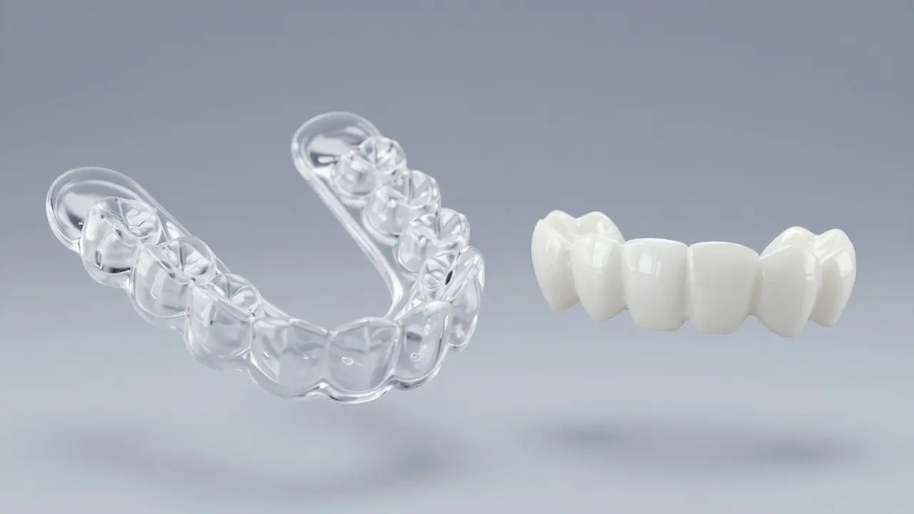 Detail průhledného aligneru a keramické fazety pro srovnání metod.
